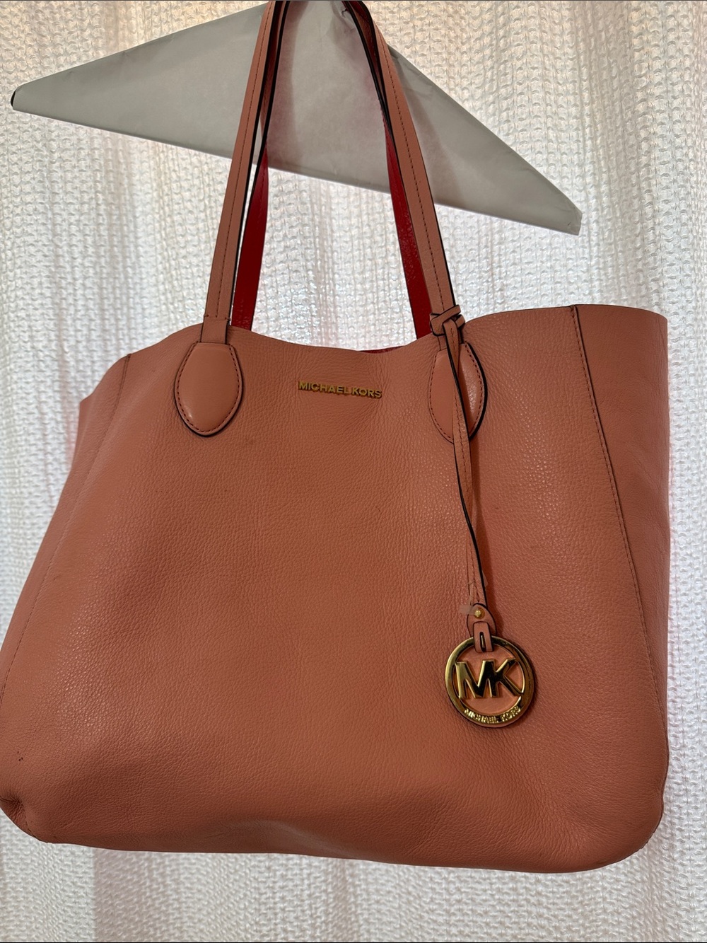 Double sided Michael Kors Terracotta Pebbled Leather Tote with Gold MK Charm